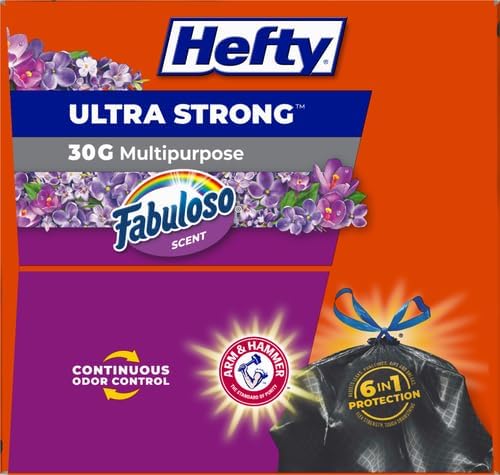 Hefty Ultra Strong 30 Gallon Trash Bags, Black Large Trash Bags 30 Gallon Size, Multipurpose, Break Resistant Drawstring Closure, Resists Leaks, Punctures, and Tears, Black, Fabuloso Scent, 50 Bags