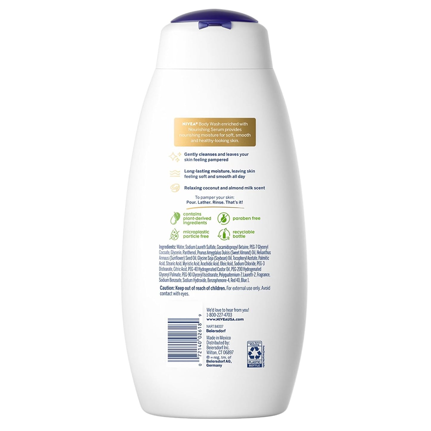 NIVEA Coconut and Almond Milk Pampering Body Wash, Moisturizing Body Wash with Nourishing Serum, Plant-Derived Oils, Essential Skin Lipids and Vitamins, 20 Fl Oz Bottle