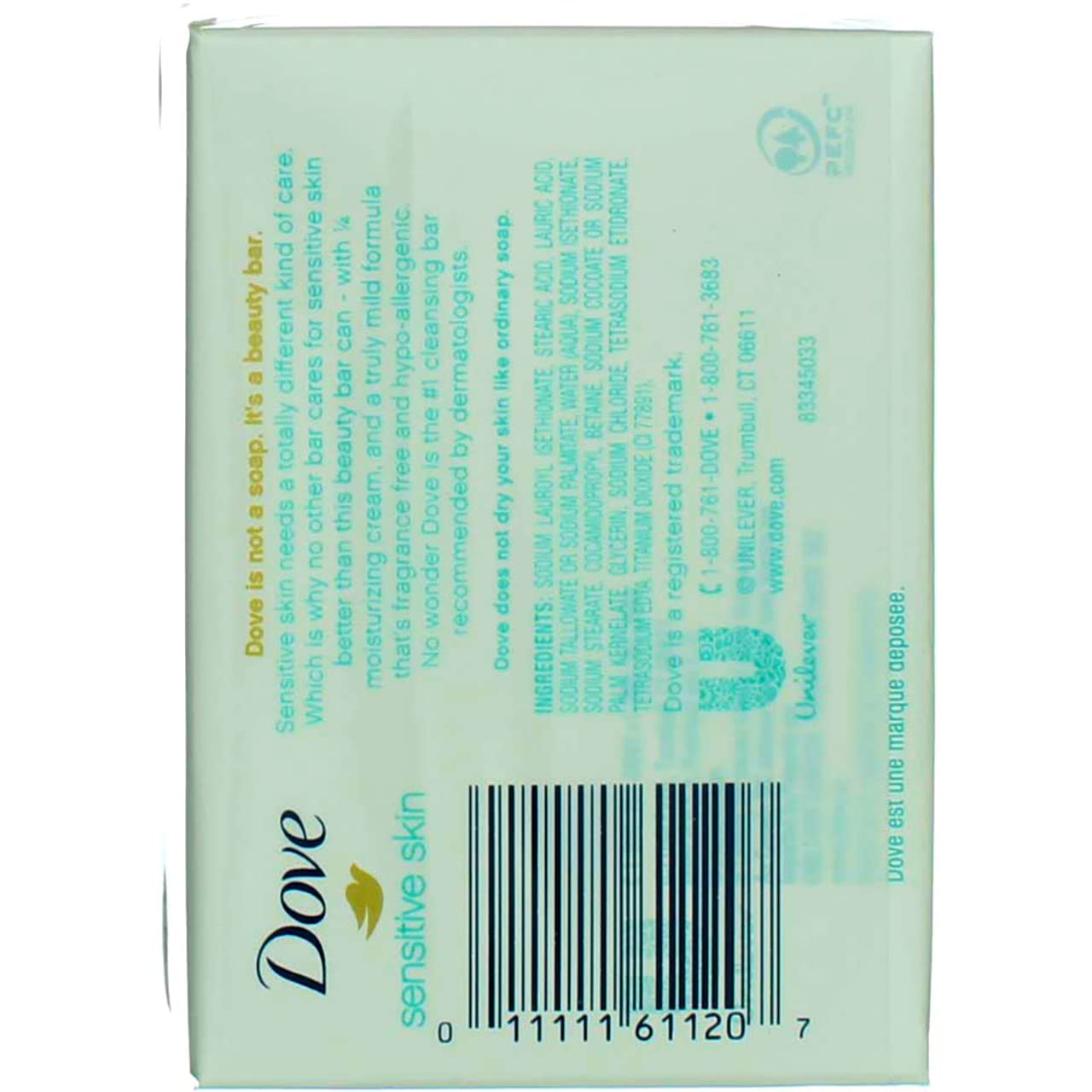 Dove Beauty Bar Soap Sensitive, 8 Bars for Sensitive Skin, Fragrance Free and Hypoallergenic 3.75 oz
