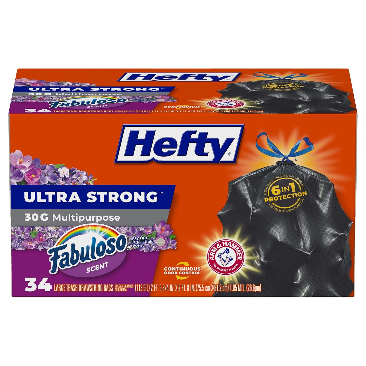 Hefty Ultra Strong 30 Gallon Trash Bags, Black Large Trash Bags 30 Gallon Size, Multipurpose, Break Resistant Drawstring Closure, Resists Leaks, Punctures, and Tears, Black, Fabuloso Scent, 50 Bags