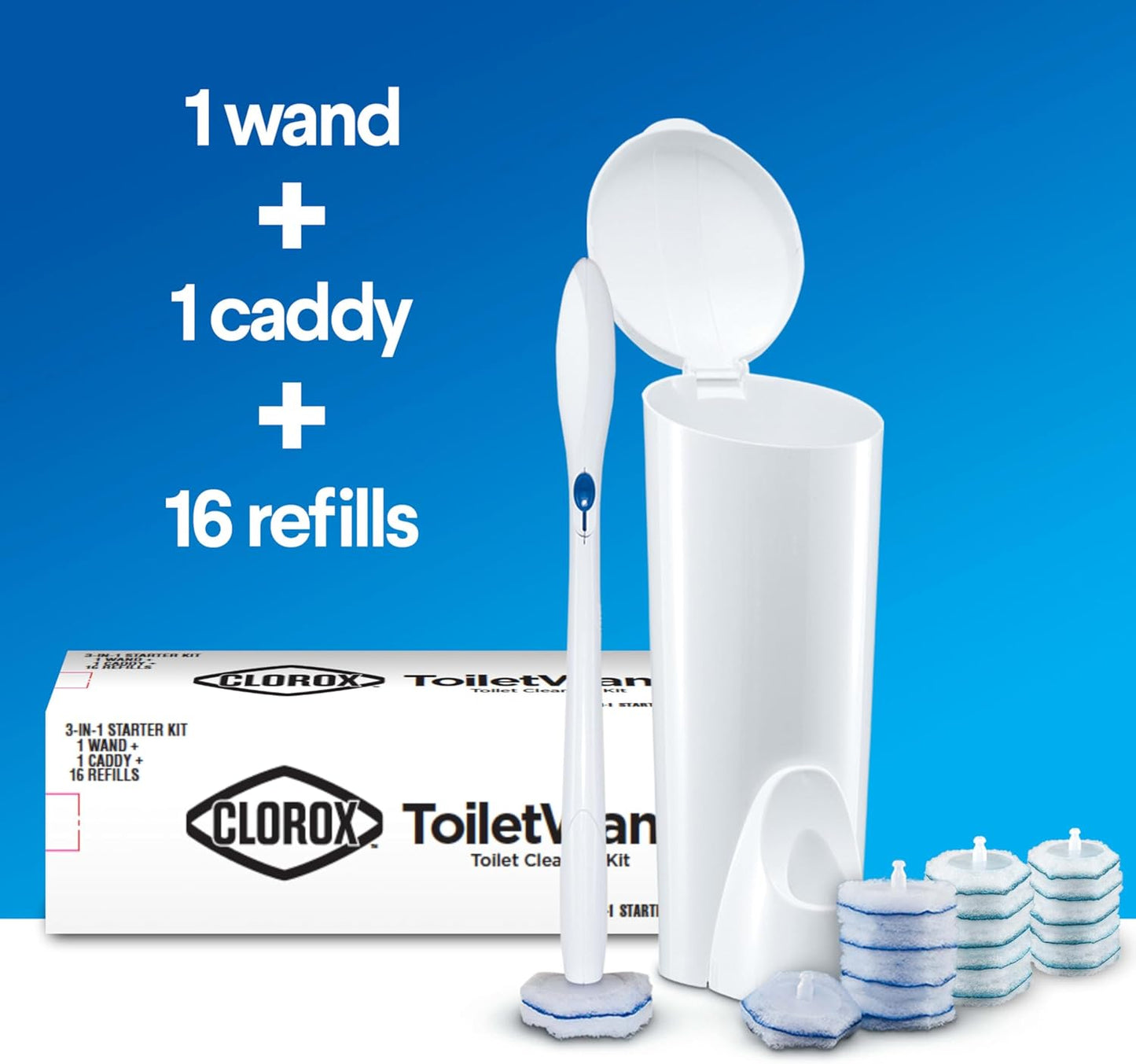 Clorox ToiletWand Disposable Toilet Cleaning System - ToiletWand, Storage Caddy and 16 Disinfecting ToiletWand Refill Heads (Package May Vary)