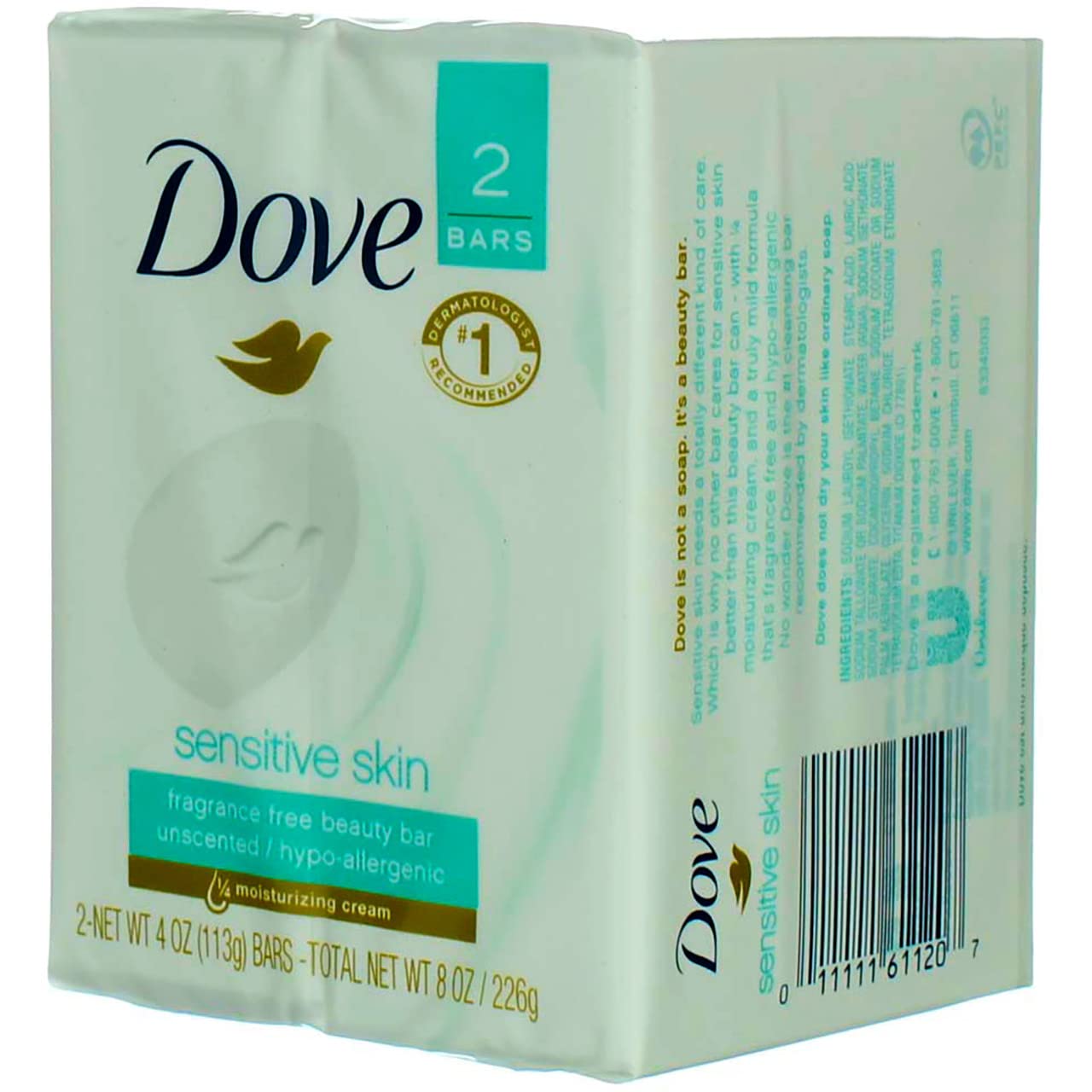 Dove Beauty Bar Soap Sensitive, 8 Bars for Sensitive Skin, Fragrance Free and Hypoallergenic 3.75 oz