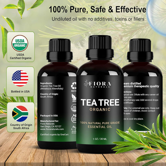 Tea Tree Essential Oil by Fiora Naturals- 100% Pure Organic Oil, for Face, Hair, Skin, Acne, Scalp, Foot and Toenails. Melaleuca Alternifolia, 1 oz /30ml