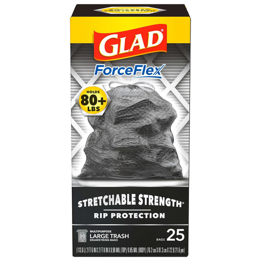 Glad Large Drawstring Trash Bags, ForceFlex 30 Gallon Black Trash Bags, 50 Count (Package May Vary)