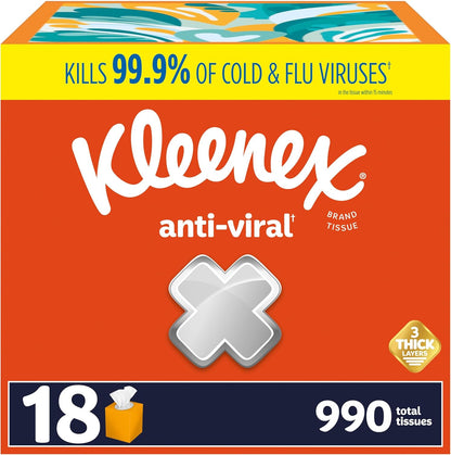 Kleenex Anti-Viral Facial Tissues, Classroom or Office Tissue, 18 Cube Boxes, 55 Tissues per Box, 3-Ply (990 Total Tissues)