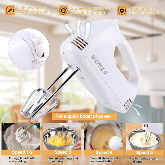 Hand Mixer Electric Mixing Bowls Set, 5 Speeds Handheld Mixer with 4 Nesting Stainless Steel Mixing Bowl, Measuring Cups Spoons 200W Kitchen Blender Whisk Beater Baking Supplies For Beginner